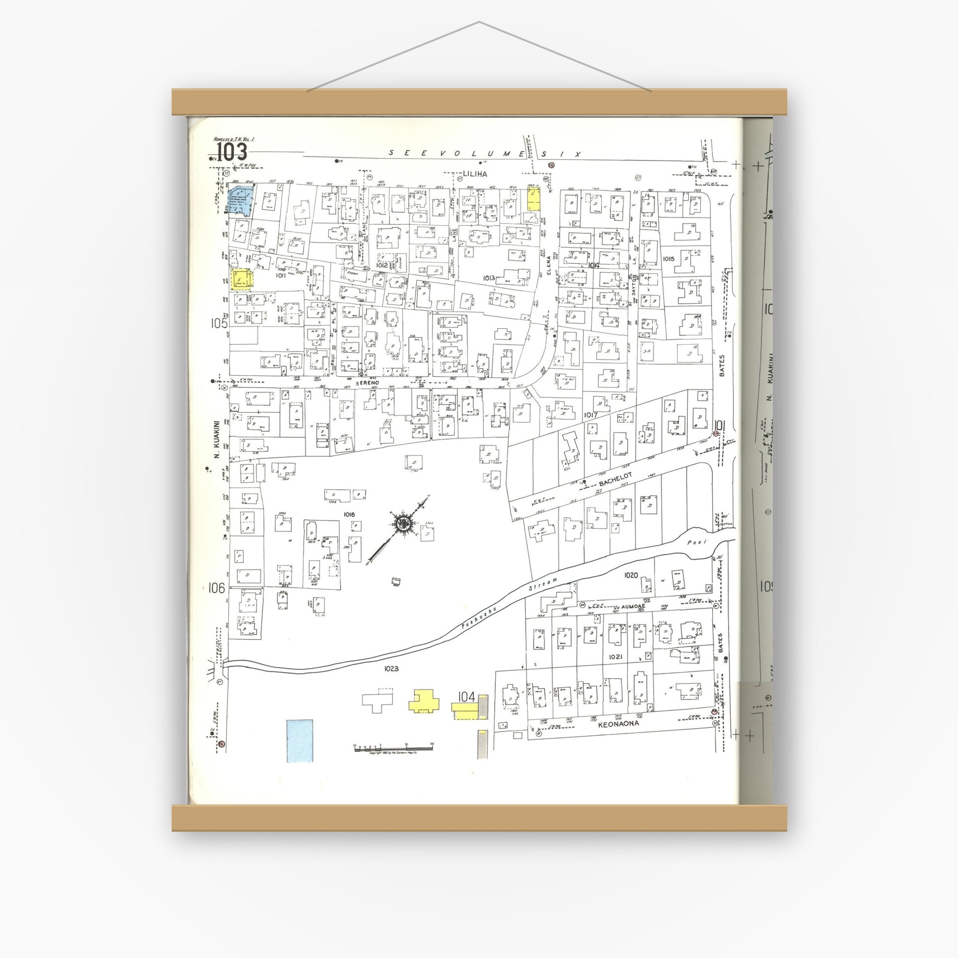 Old map wall art mockup — magnetic wood frame on white wall — Sanborn Fire Insurance Map from Honolulu, Oahu County, Hawaii (1955), Sheet #0103