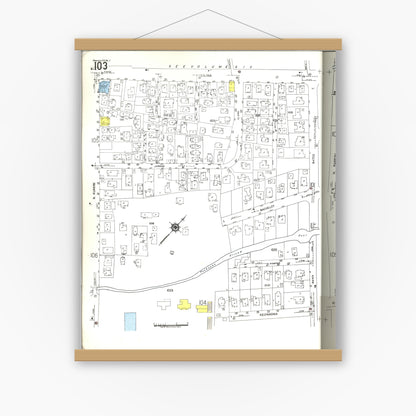 Old map wall art mockup — magnetic wood frame on white wall — Sanborn Fire Insurance Map from Honolulu, Oahu County, Hawaii (1955), Sheet #0103