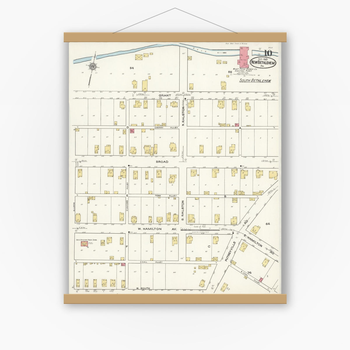 Old map wall art mockup — magnetic wood frame on white wall — Sanborn Fire Insurance Map from New Bethlehem, Clarion County, Pennsylvania (1921), Sheet #0010