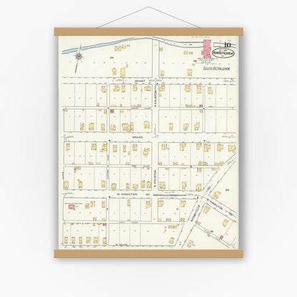 Old map wall art mockup — magnetic wood frame on white wall — Sanborn Fire Insurance Map from New Bethlehem, Clarion County, Pennsylvania (1921), Sheet #0010
