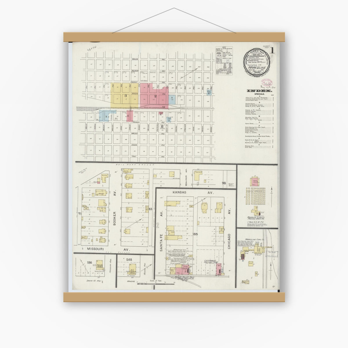 Old map wall art mockup — magnetic wood frame on white wall — Sanborn Fire Insurance Map from Marceline, Linn County, Missouri (1894) - Complete Map Set