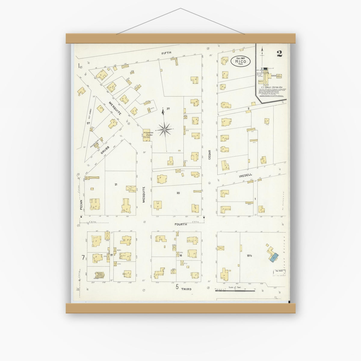Old map wall art mockup — magnetic wood frame on white wall — Sanborn Fire Insurance Map from Hico, Hamilton County, Texas (1907), Sheet #0002