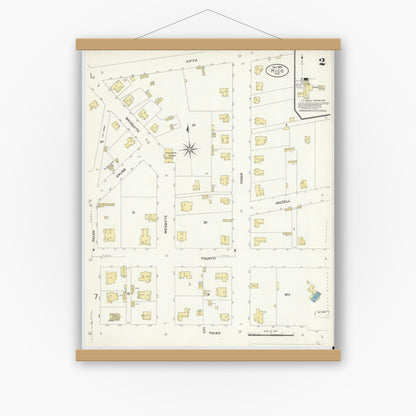 Old map wall art mockup — magnetic wood frame on white wall — Sanborn Fire Insurance Map from Hico, Hamilton County, Texas (1907), Sheet #0002