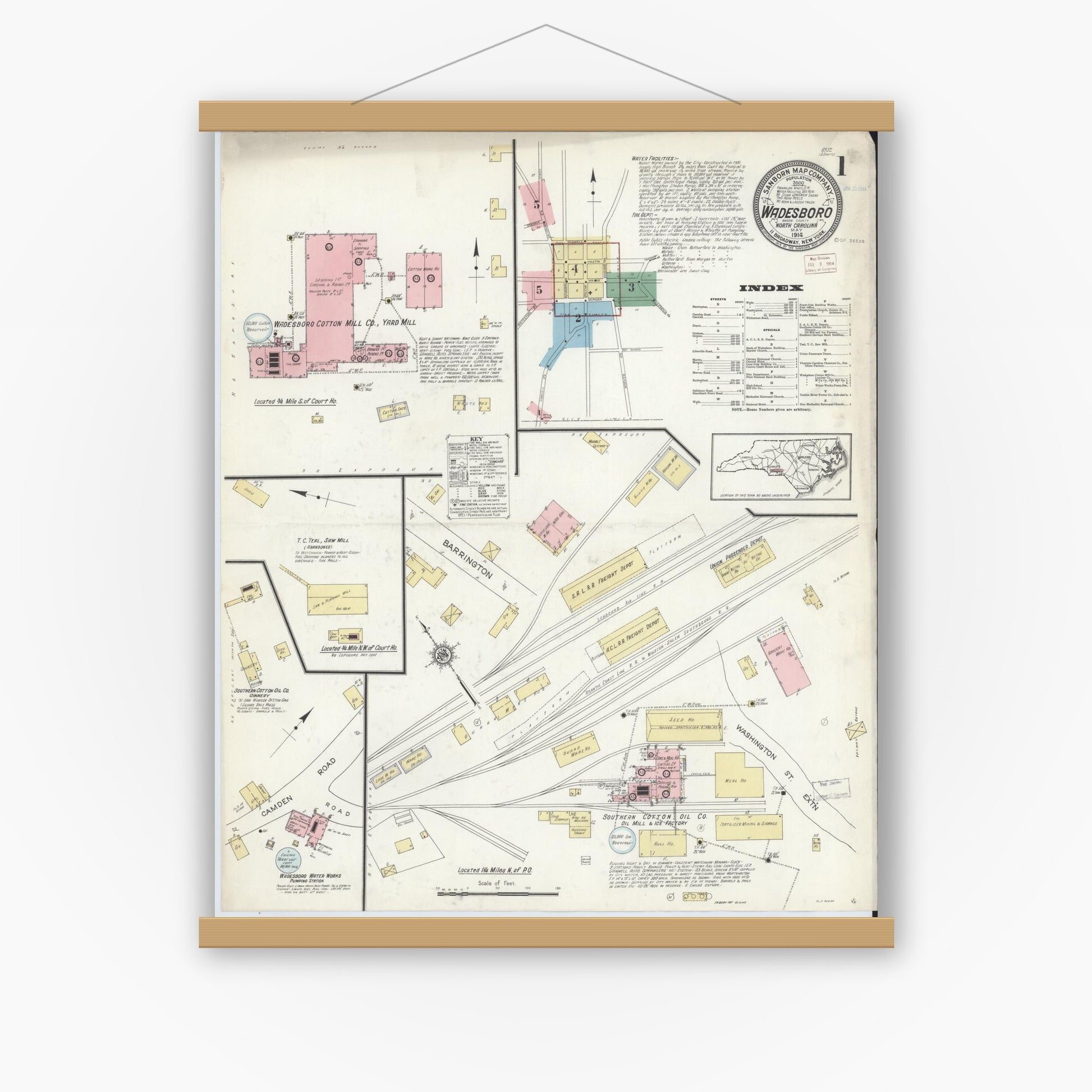 Old map wall art mockup — magnetic wood frame on white wall — Sanborn Fire Insurance Map from Wadesboro, Anson County, North Carolina (1914) - Complete Map Set