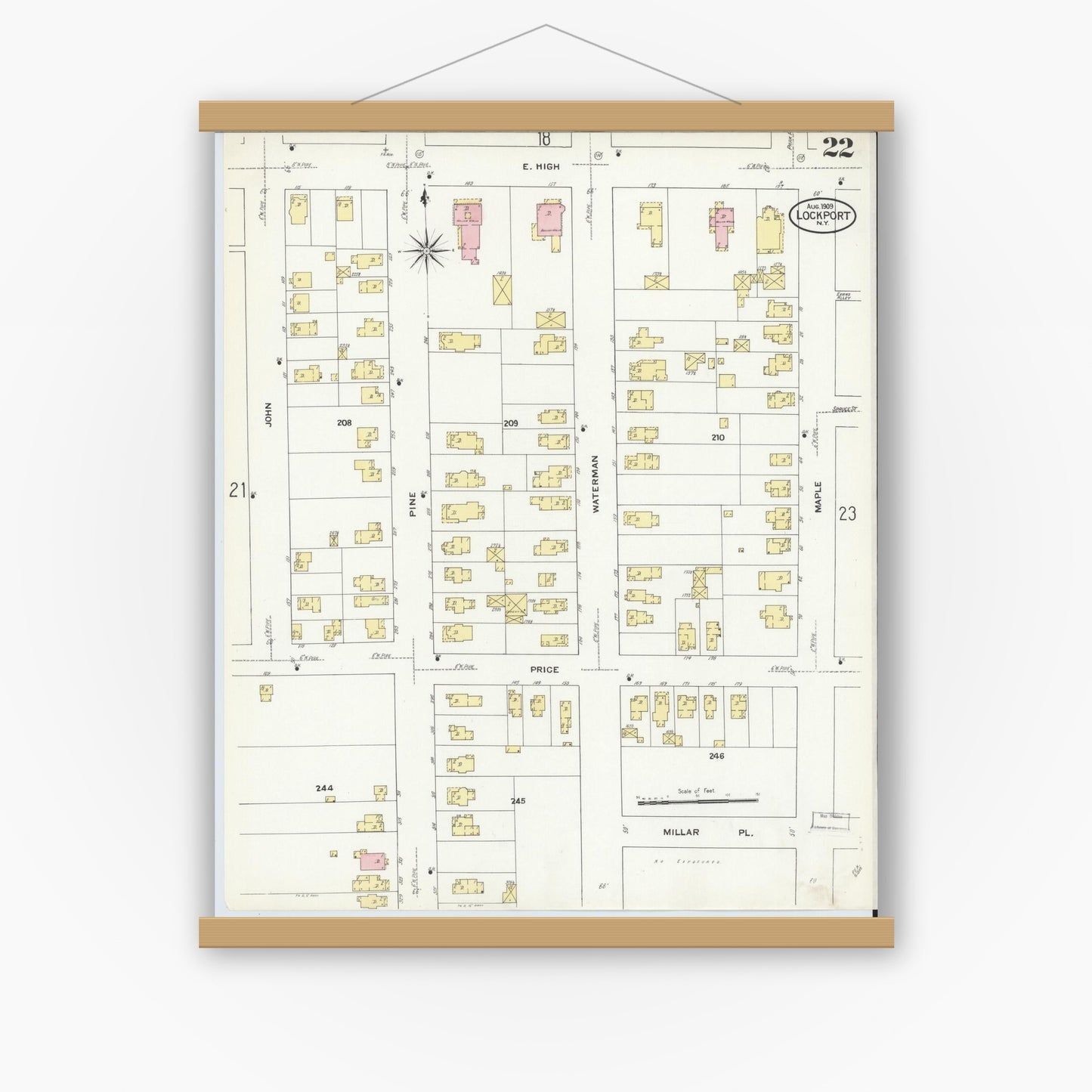 Old map wall art mockup — magnetic wood frame on white wall — Sanborn Fire Insurance Map from Lockport, Niagara County, New York (1909), Sheet #0022