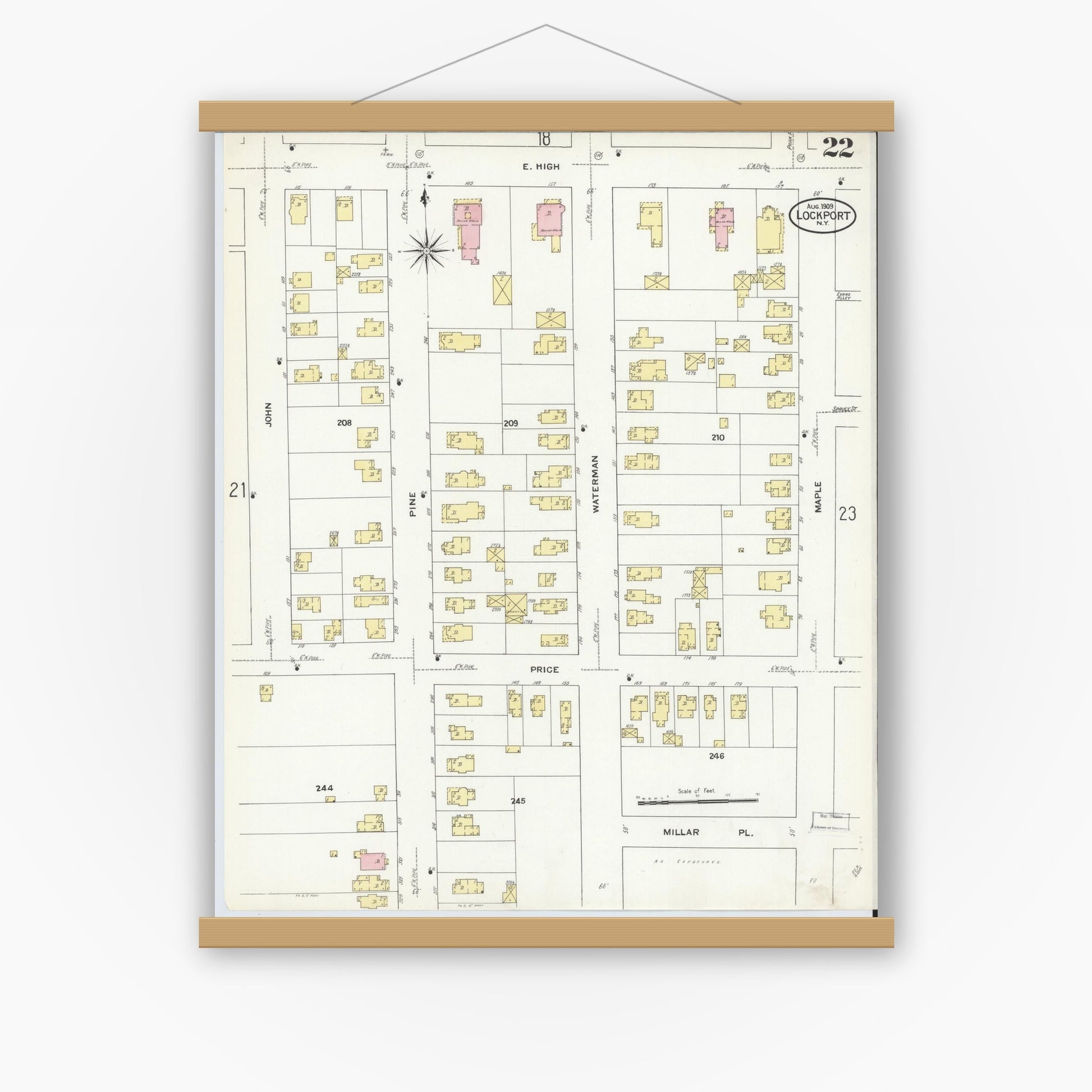 Old map wall art mockup — magnetic wood frame on white wall — Sanborn Fire Insurance Map from Lockport, Niagara County, New York (1909), Sheet #0022