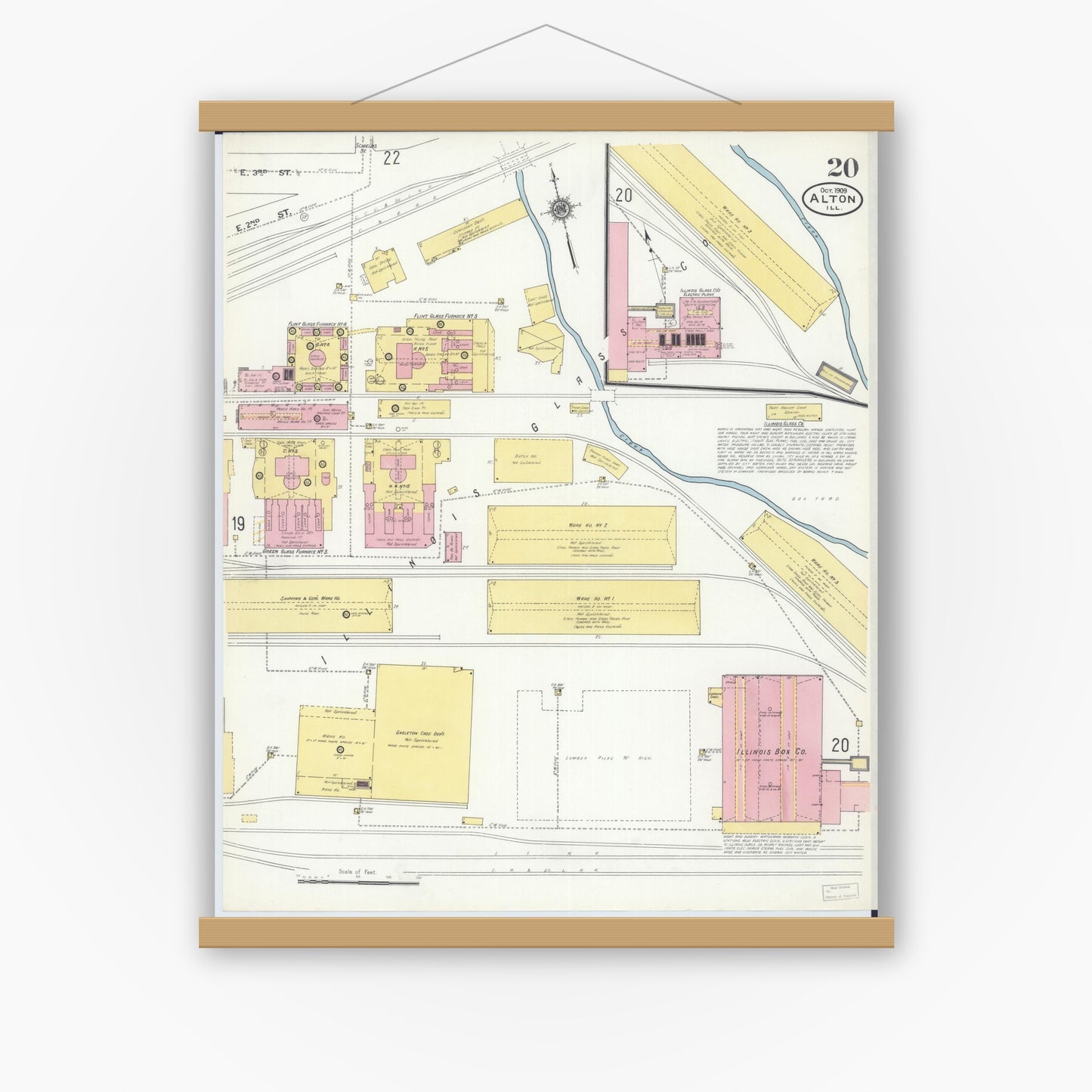 Old map wall art mockup — magnetic wood frame on white wall — Sanborn Fire Insurance Map from Alton, Madison County, Illinois (1909), Sheet #0020