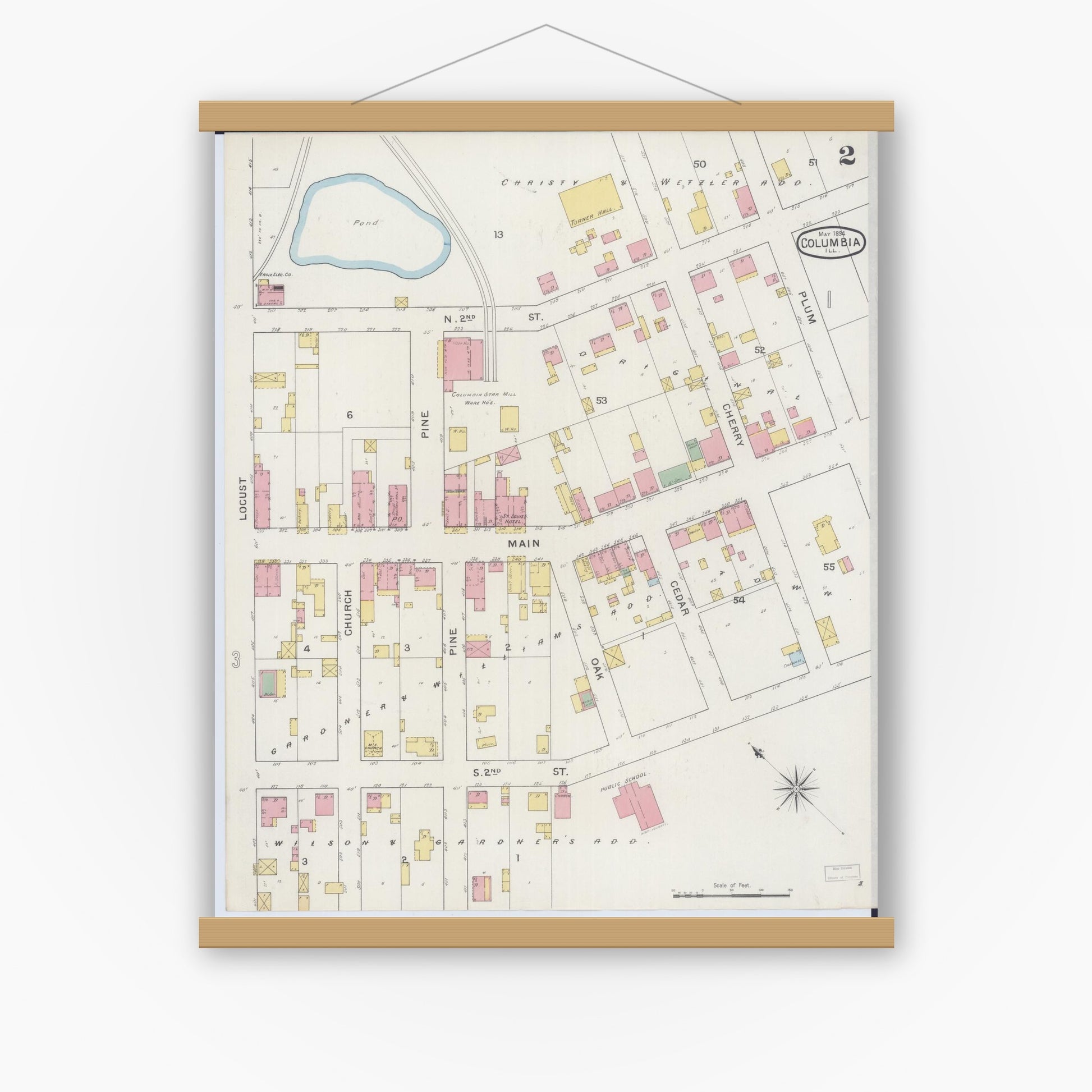 Old map wall art mockup — magnetic wood frame on white wall — Sanborn Fire Insurance Map from Columbia, Monroe County, Illinois (1894), Sheet #0002