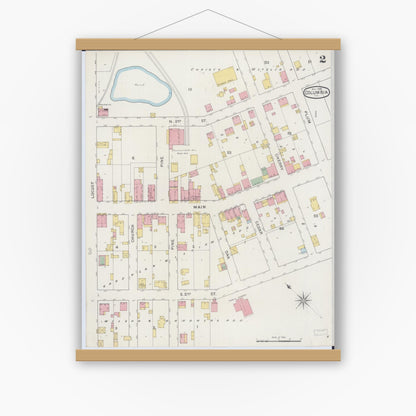 Old map wall art mockup — magnetic wood frame on white wall — Sanborn Fire Insurance Map from Columbia, Monroe County, Illinois (1894), Sheet #0002