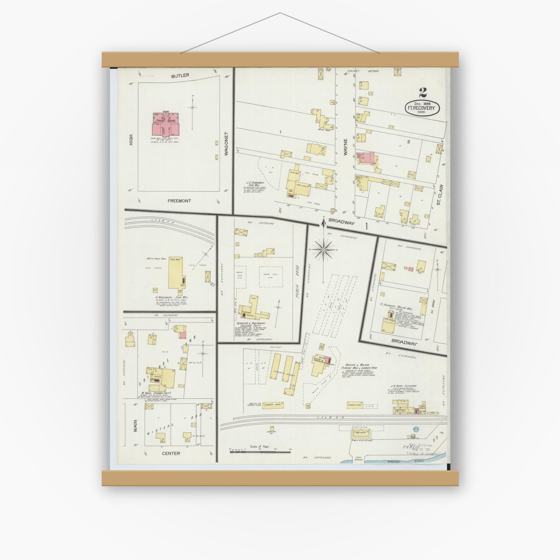 Old map wall art mockup — magnetic wood frame on white wall — Sanborn Fire Insurance Map from Fort Recovery, Mercer County, Ohio (1898), Sheet #0002