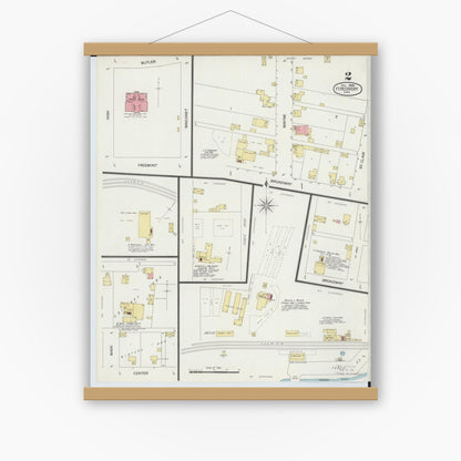 Old map wall art mockup — magnetic wood frame on white wall — Sanborn Fire Insurance Map from Fort Recovery, Mercer County, Ohio (1898), Sheet #0002