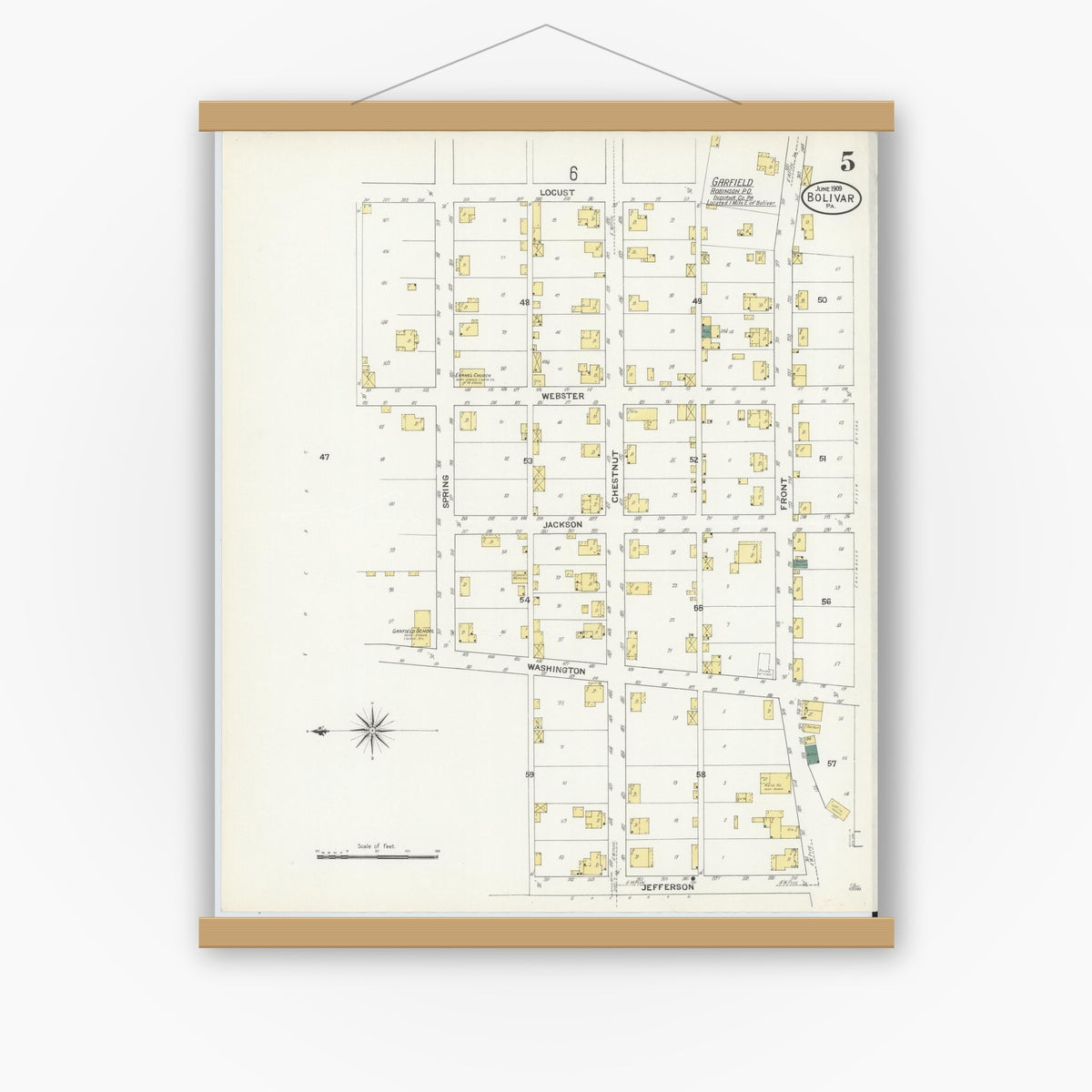 Old map wall art mockup — magnetic wood frame on white wall — Sanborn Fire Insurance Map from Bolivar, Westmoreland County, Pennsylvania (1909), Sheet #0005