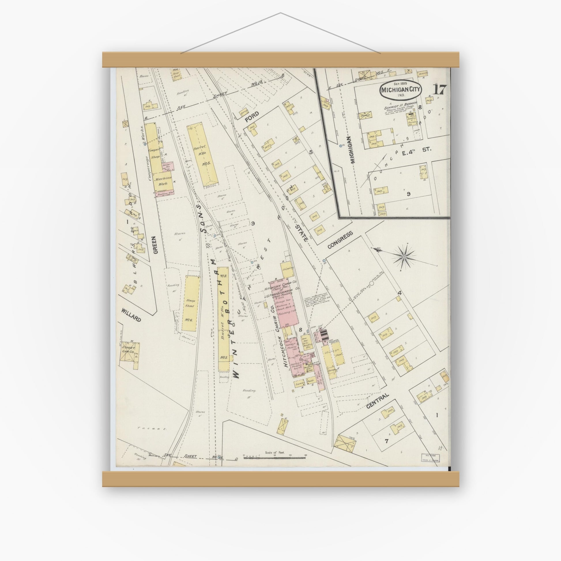 Old map wall art mockup — magnetic wood frame on white wall — Sanborn Fire Insurance Map from Michigan City, La Porte County, Indiana (1889), Sheet #0017