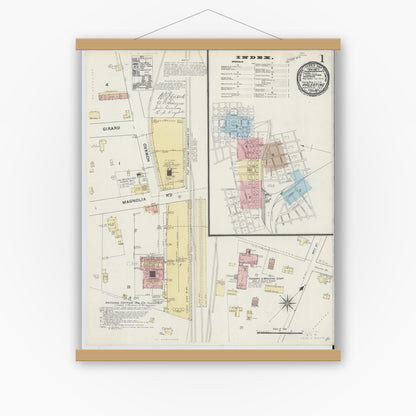 Old map wall art mockup — magnetic wood frame on white wall — Sanborn Fire Insurance Map from Palestine, Anderson County, Texas (1891) - Complete Map Set