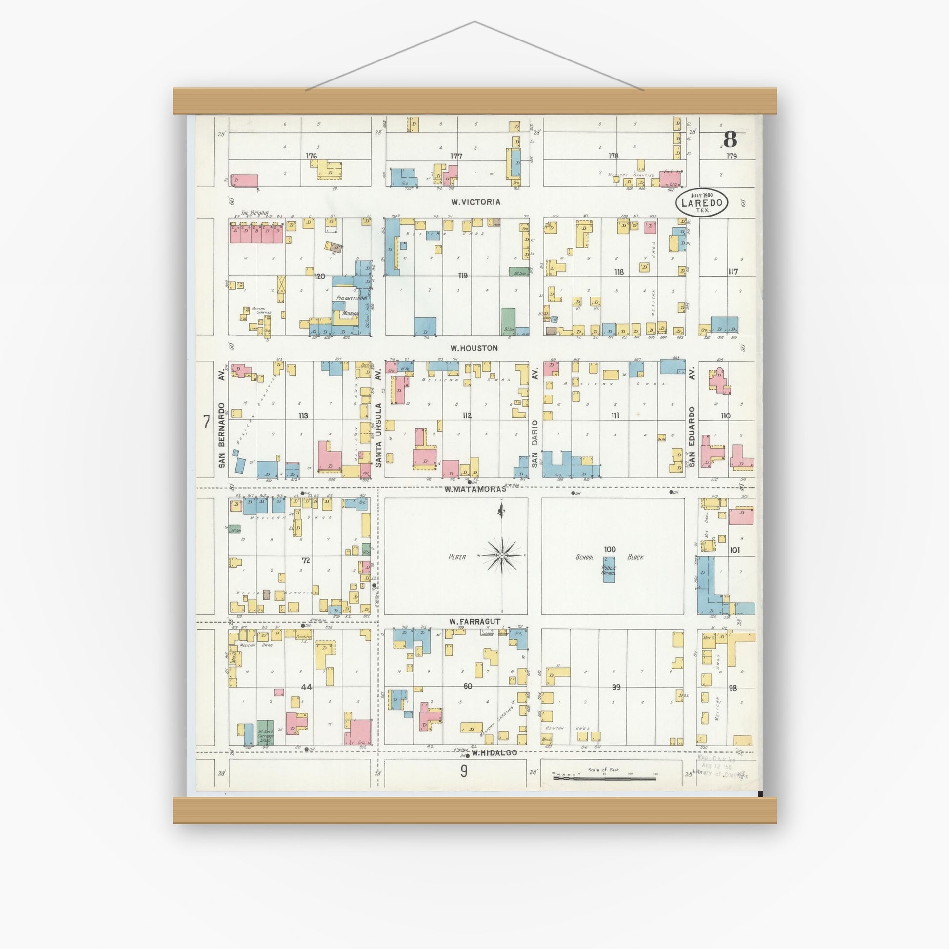 Old map wall art mockup — magnetic wood frame on white wall — Sanborn Fire Insurance Map from Laredo, Webb County, Texas (1900), Sheet #0008