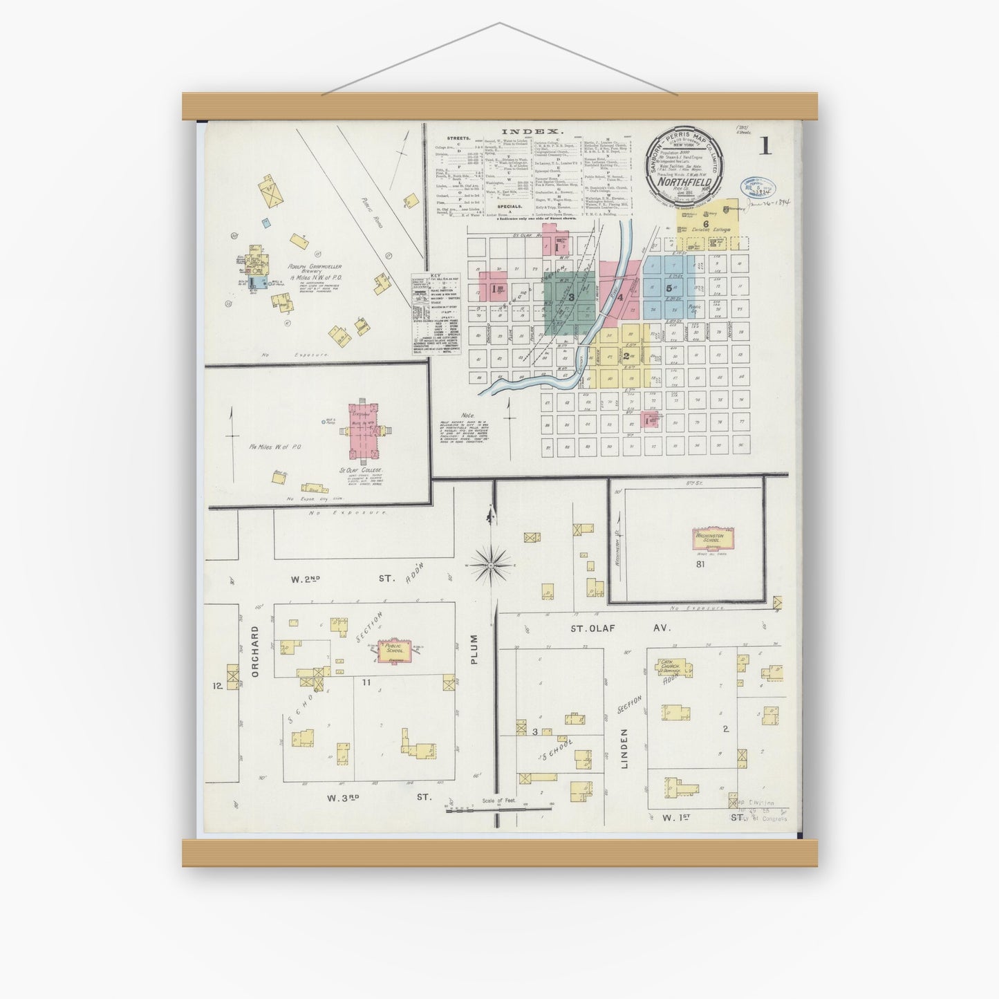 Old map wall art mockup — magnetic wood frame on white wall — Sanborn Fire Insurance Map from Northfield, Rice County, Minnesota (1894), Sheet #0001