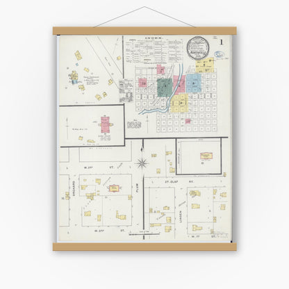 Old map wall art mockup — magnetic wood frame on white wall — Sanborn Fire Insurance Map from Northfield, Rice County, Minnesota (1894), Sheet #0001