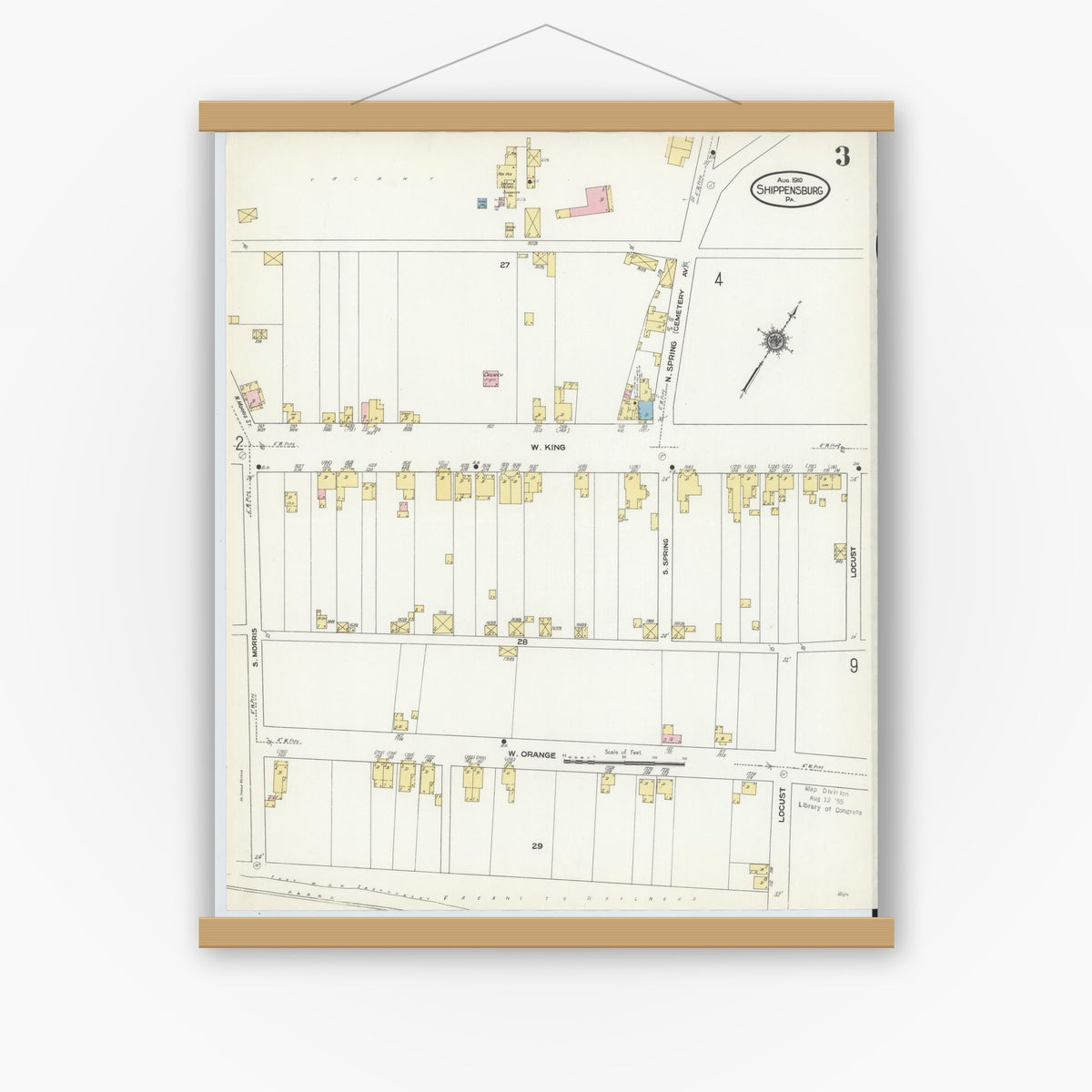 Old map wall art mockup — magnetic wood frame on white wall — Sanborn Fire Insurance Map from Shippensburg, Cumberland And Franklin Counties, Pennsylvania (1910), Sheet #0003