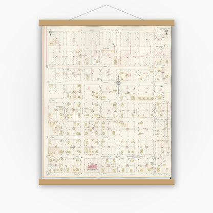 Old map wall art mockup — magnetic wood frame on white wall — Sanborn Fire Insurance Map from Henrietta, Clay County, Texas (1944), Sheet #0007