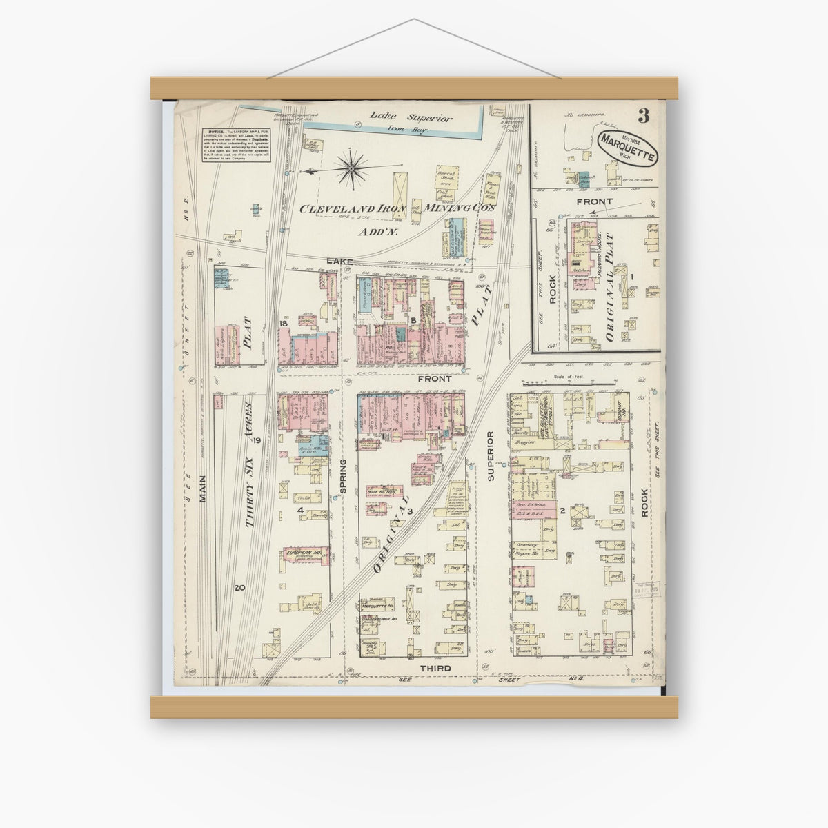 Old map wall art mockup — magnetic wood frame on white wall — Sanborn Fire Insurance Map from Marquette, Marquette County, Michigan (1884), Sheet #0003