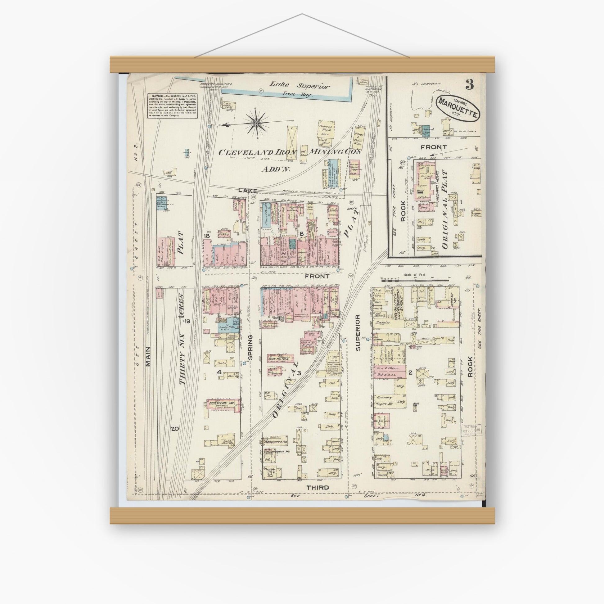 Old map wall art mockup — magnetic wood frame on white wall — Sanborn Fire Insurance Map from Marquette, Marquette County, Michigan (1884), Sheet #0003