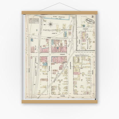 Old map wall art mockup — magnetic wood frame on white wall — Sanborn Fire Insurance Map from Marquette, Marquette County, Michigan (1884), Sheet #0003