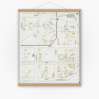 Old map wall art mockup — magnetic wood frame on white wall — Sanborn Fire Insurance Map from Beaumont, Jefferson County, Texas (1889), Sheet #0003