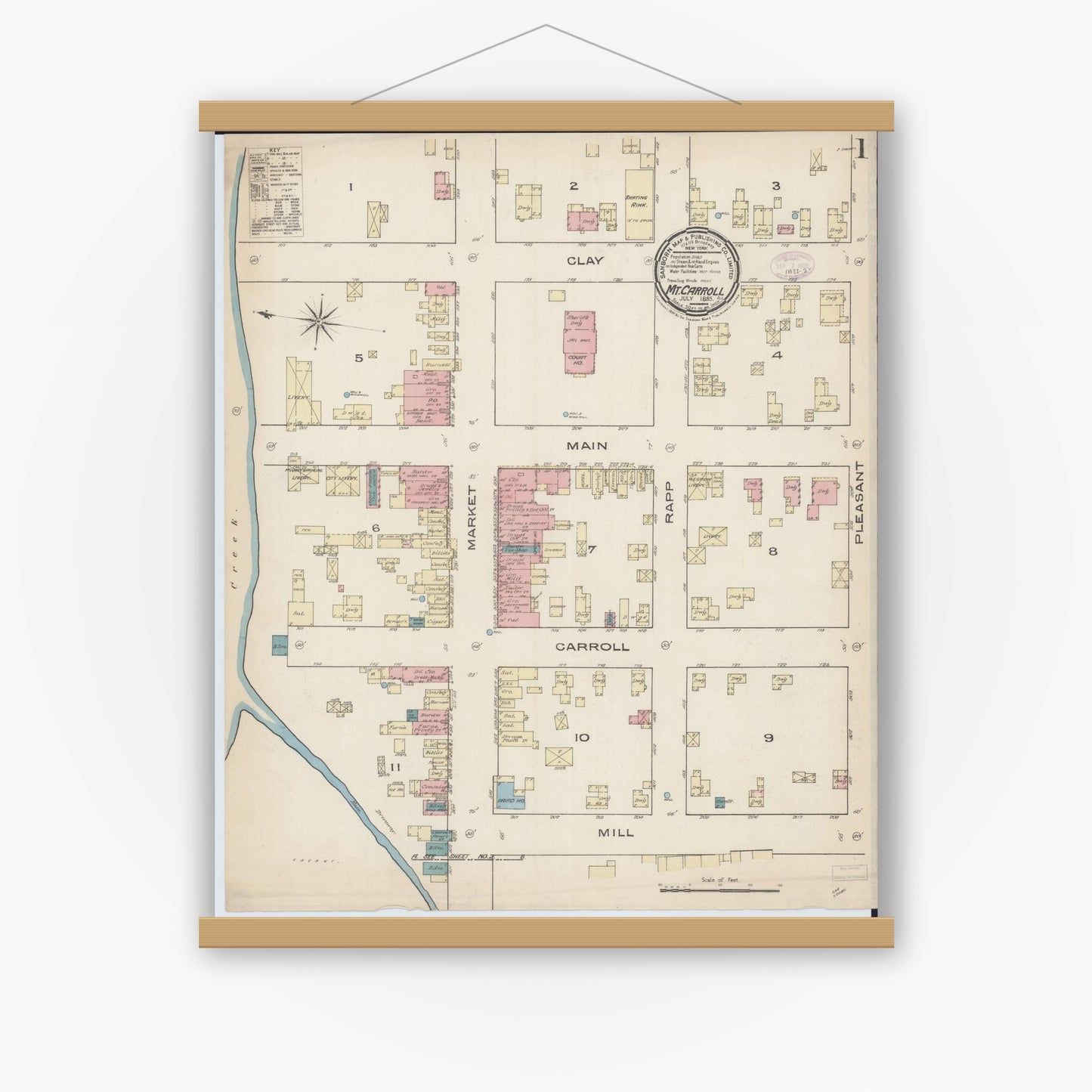 Old map wall art mockup — magnetic wood frame on white wall — Sanborn Fire Insurance Map from Mount Carroll, Carroll County, Illinois (1885), Sheet #0001