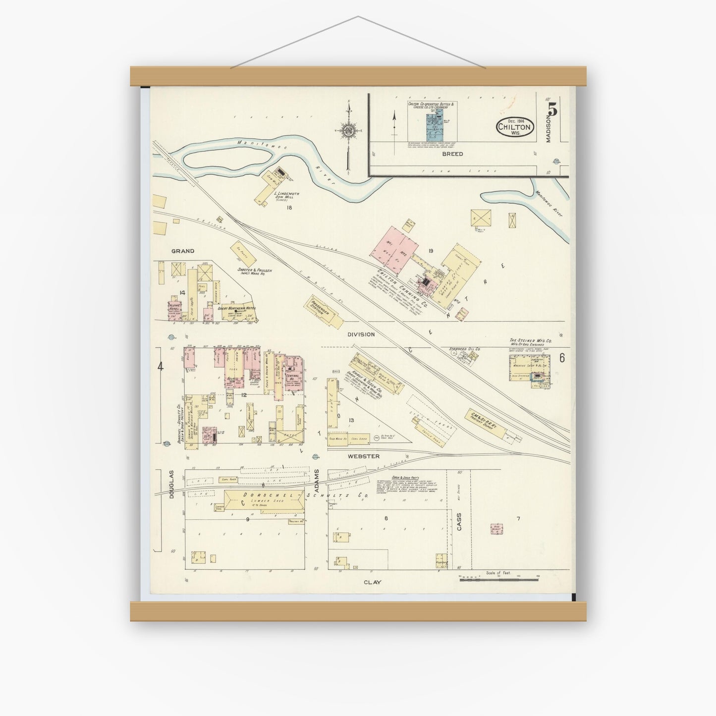 Old map wall art mockup — magnetic wood frame on white wall — Sanborn Fire Insurance Map from Chilton, Calumet County, Wisconsin (1914), Sheet #0005