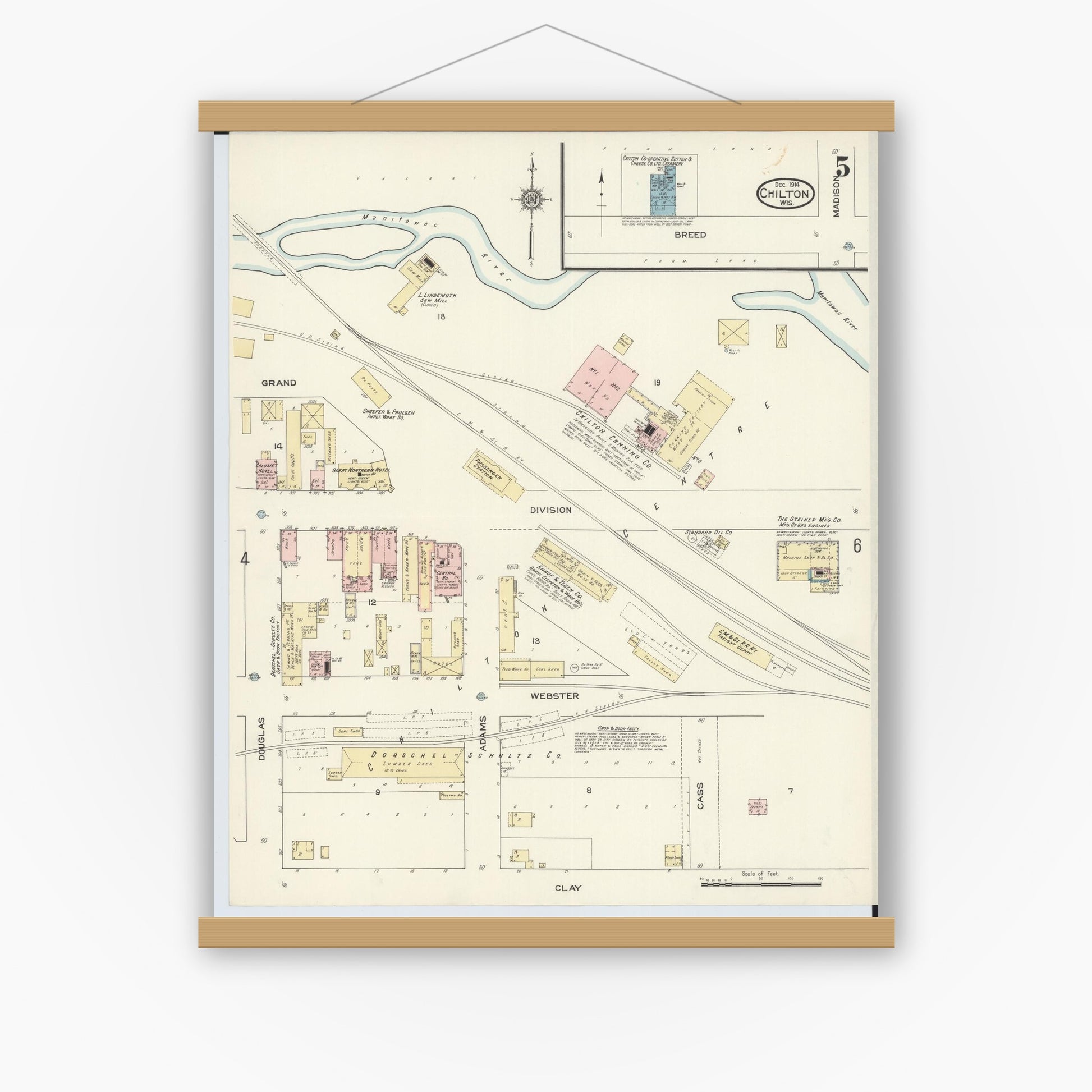 Old map wall art mockup — magnetic wood frame on white wall — Sanborn Fire Insurance Map from Chilton, Calumet County, Wisconsin (1914), Sheet #0005