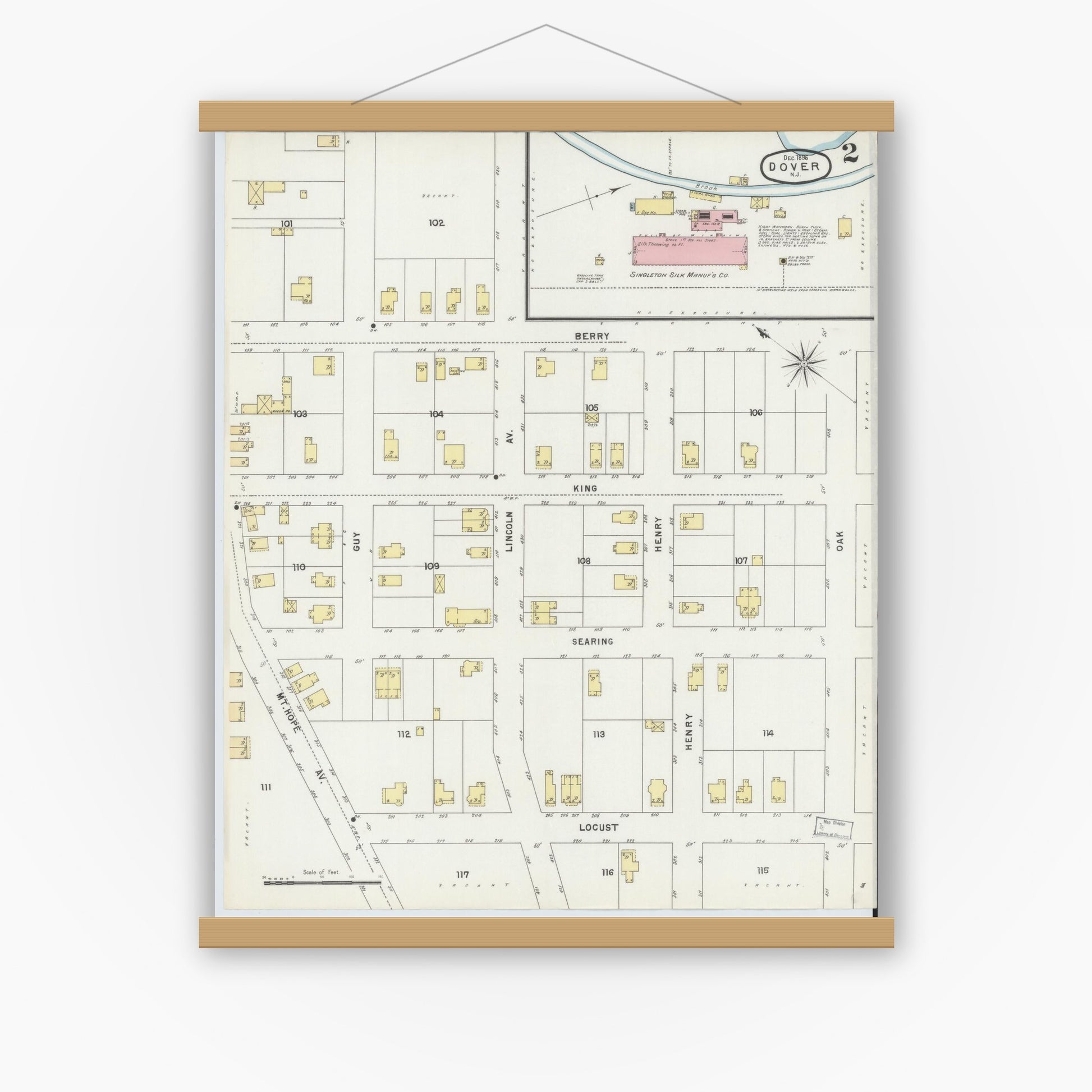 Old map wall art mockup — magnetic wood frame on white wall — Sanborn Fire Insurance Map from Dover, Morris County, New Jersey (1896), Sheet #0002