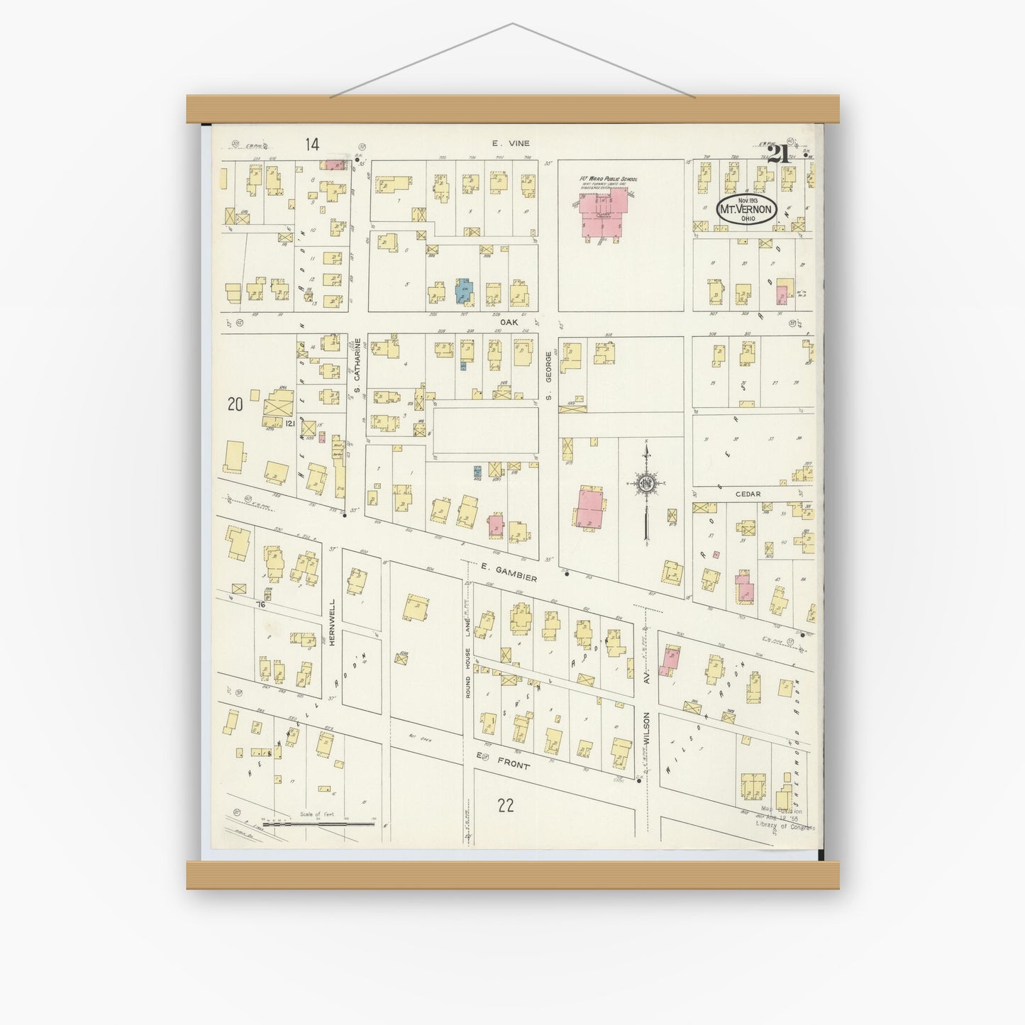 Old map wall art mockup — magnetic wood frame on white wall — Sanborn Fire Insurance Map from Mount Vernon, Knox County, Ohio (1913), Sheet #0021