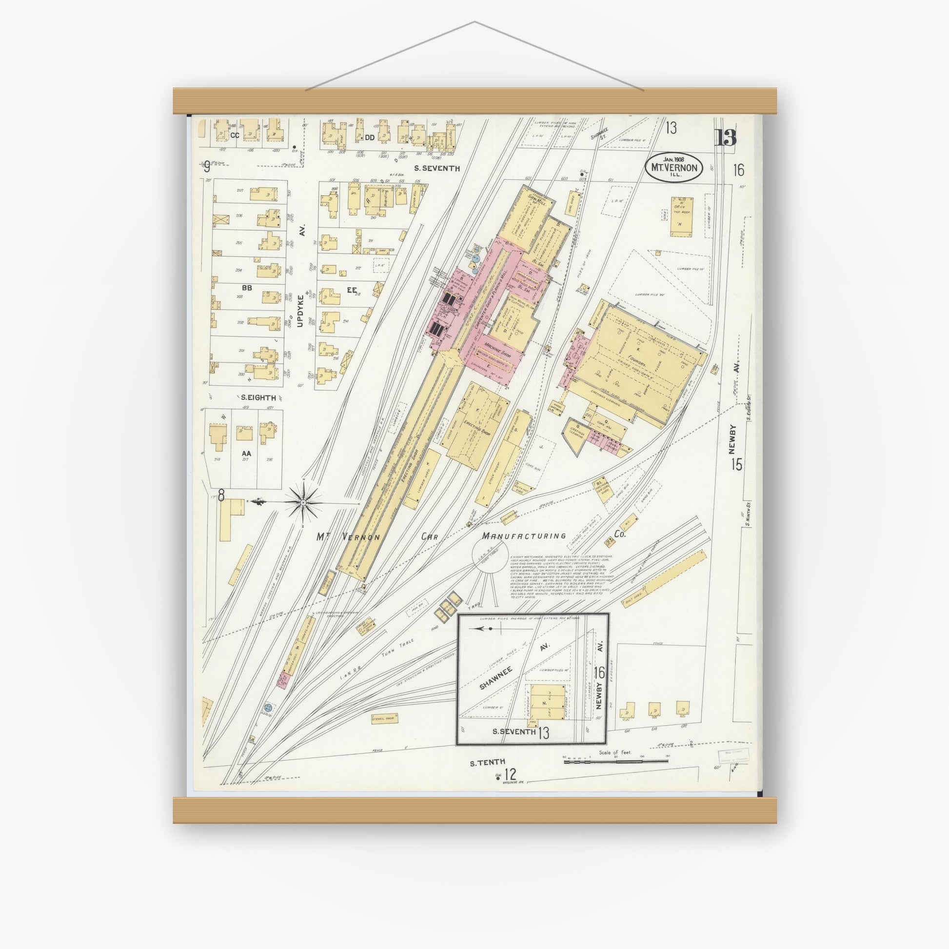 Old map wall art mockup — magnetic wood frame on white wall — Sanborn Fire Insurance Map from Mount Vernon, Jefferson County, Illinois (1908), Sheet #0013