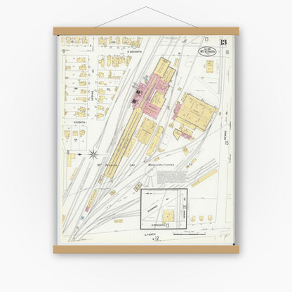 Old map wall art mockup — magnetic wood frame on white wall — Sanborn Fire Insurance Map from Mount Vernon, Jefferson County, Illinois (1908), Sheet #0013