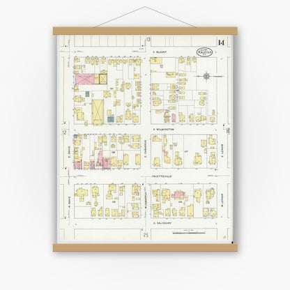 Old map wall art mockup — magnetic wood frame on white wall — Sanborn Fire Insurance Map from Raleigh, Wake County, North Carolina (1909), Sheet #0014