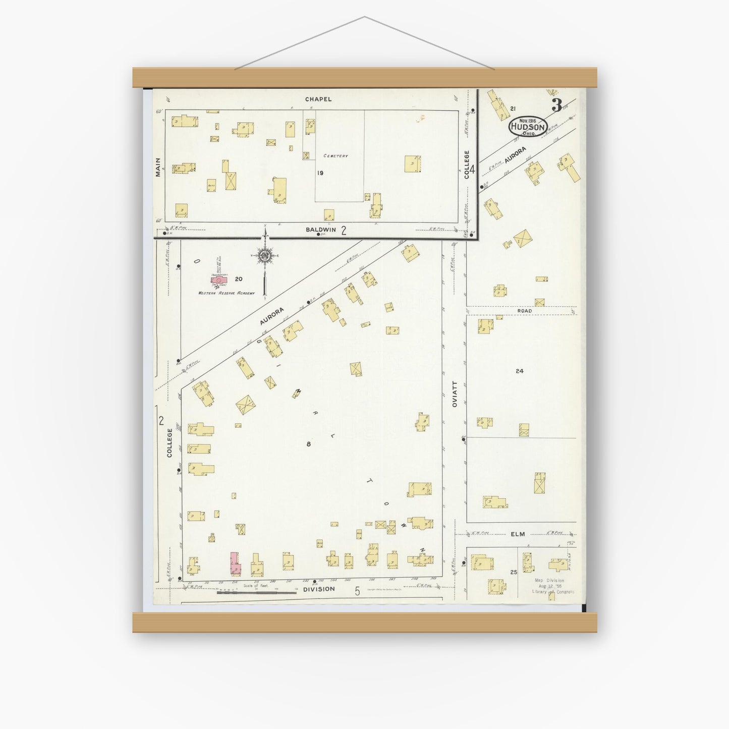 Old map wall art mockup — magnetic wood frame on white wall — Sanborn Fire Insurance Map from Hudson, Summit County, Ohio (1916), Sheet #0003