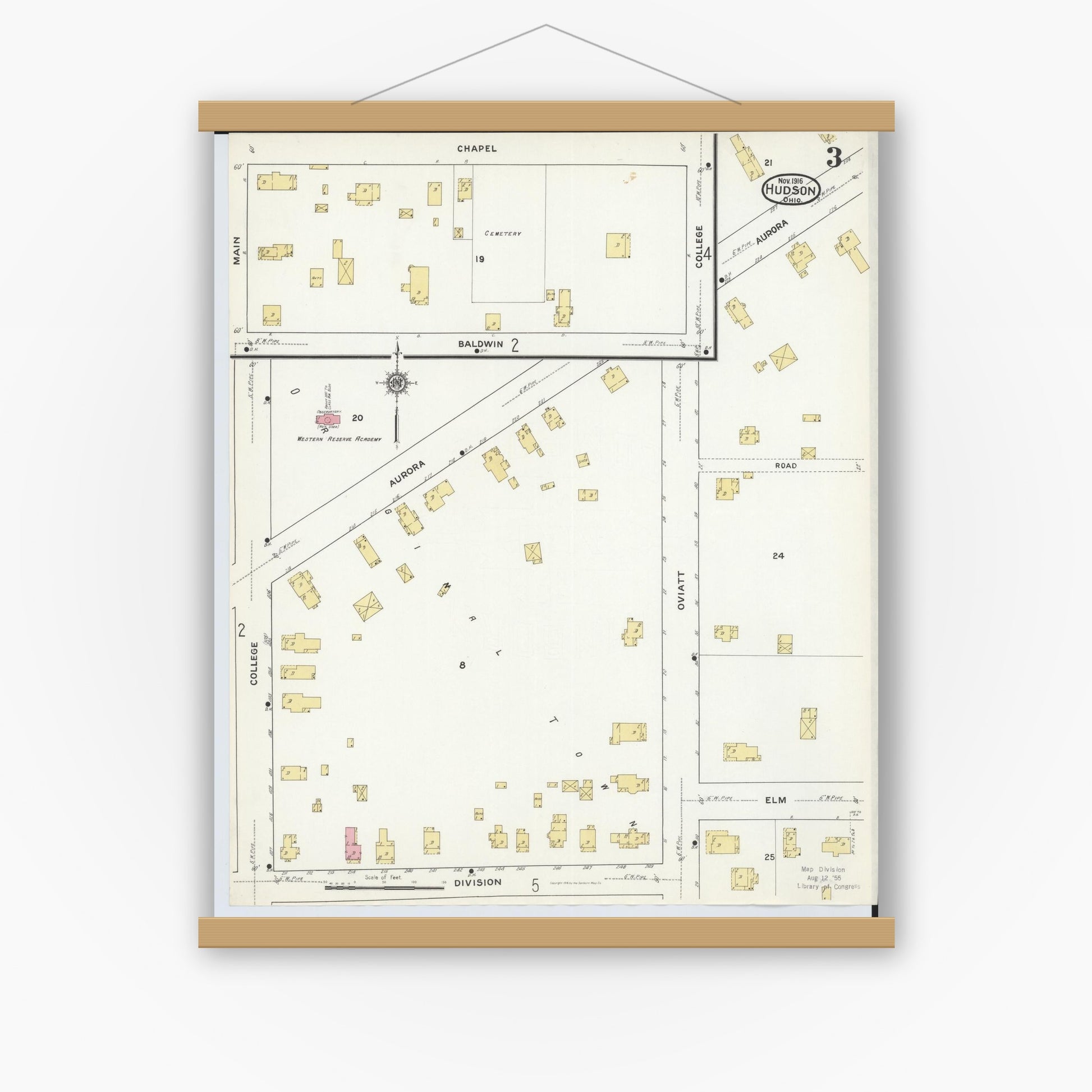 Old map wall art mockup — magnetic wood frame on white wall — Sanborn Fire Insurance Map from Hudson, Summit County, Ohio (1916), Sheet #0003