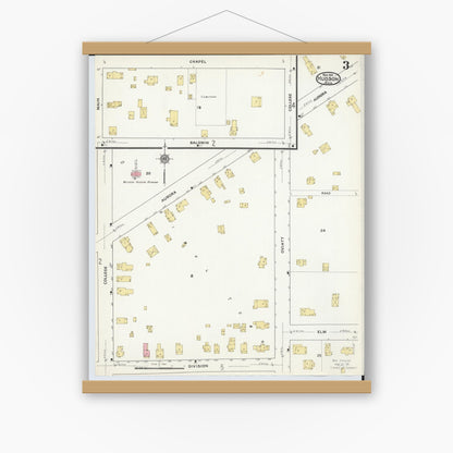 Old map wall art mockup — magnetic wood frame on white wall — Sanborn Fire Insurance Map from Hudson, Summit County, Ohio (1916), Sheet #0003