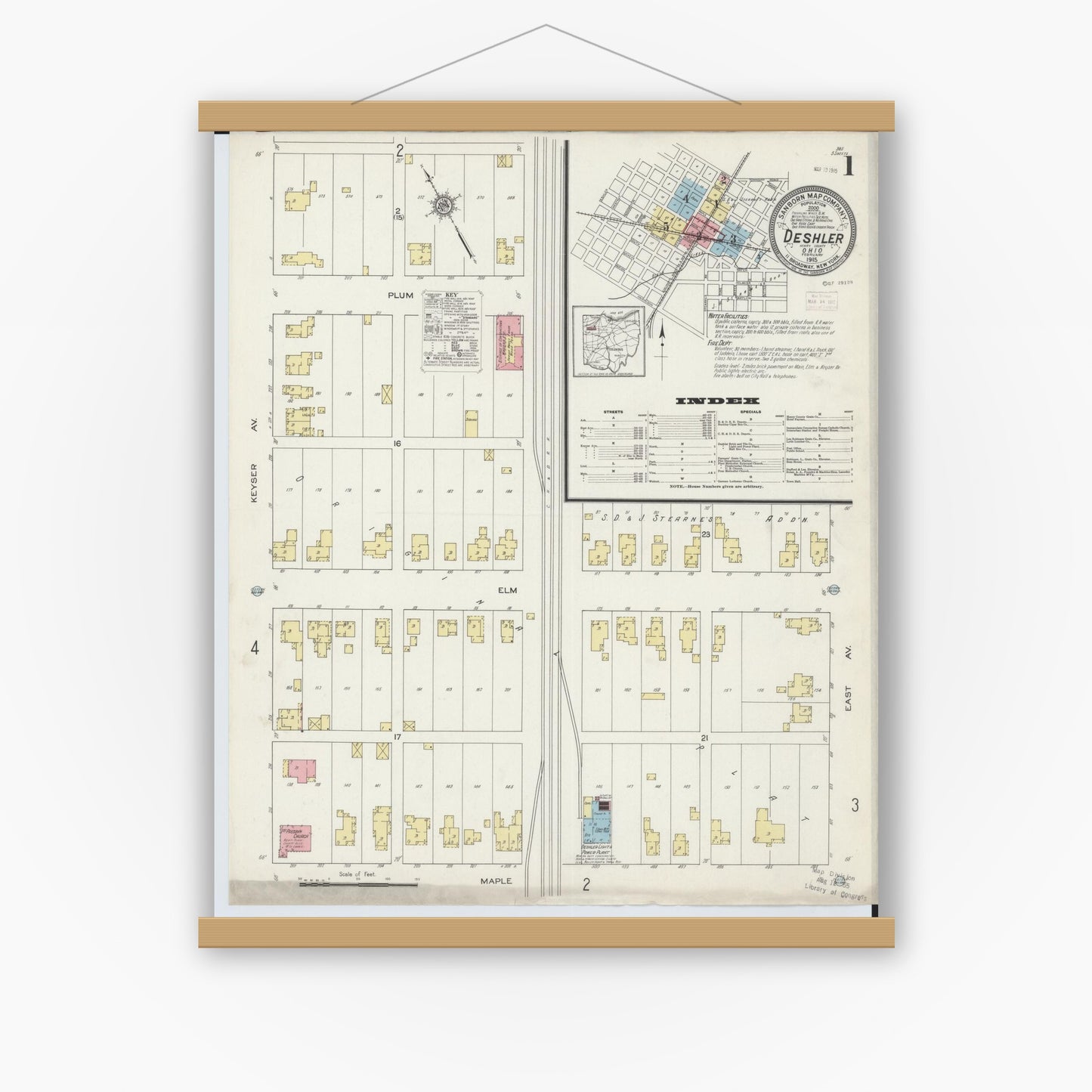 Old map wall art mockup — magnetic wood frame on white wall — Sanborn Fire Insurance Map from Deshler, Henry County, Ohio (1915) - Complete Map Set