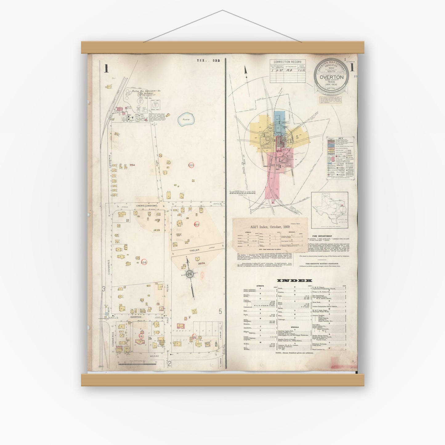 Old map wall art mockup — magnetic wood frame on white wall — Sanborn Fire Insurance Map from Overton, Rusk County, Texas (1939), Sheet #0001