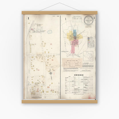 Old map wall art mockup — magnetic wood frame on white wall — Sanborn Fire Insurance Map from Overton, Rusk County, Texas (1939), Sheet #0001