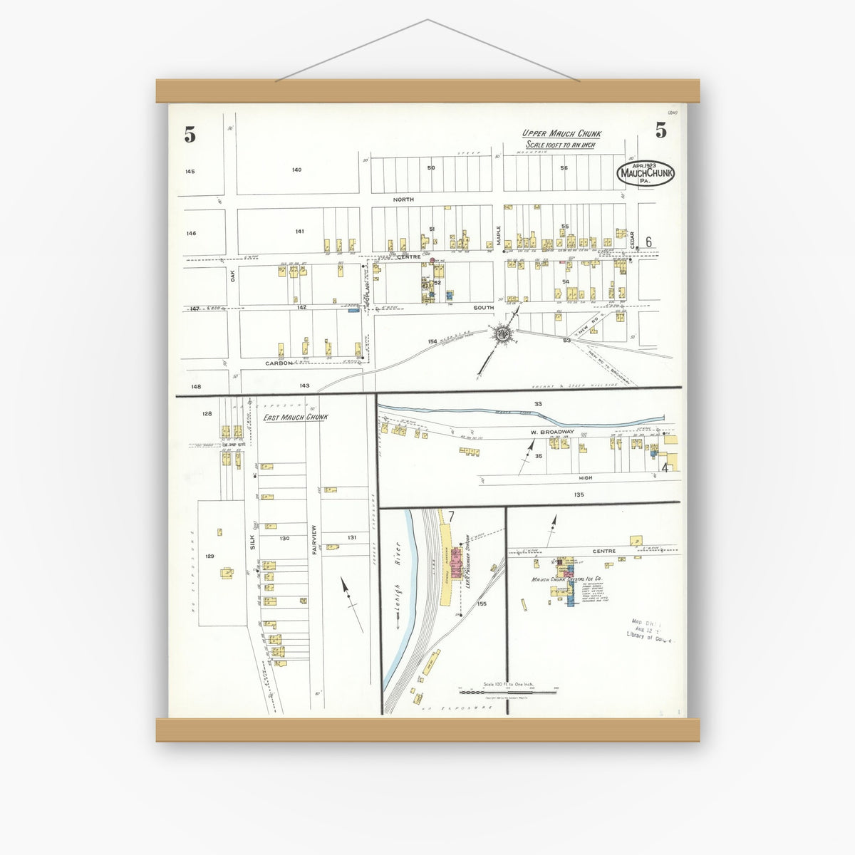 Old map wall art mockup — magnetic wood frame on white wall — Sanborn Fire Insurance Map from Mauch Chunk, Carbon County, Pennsylvania (1923), Sheet #0005