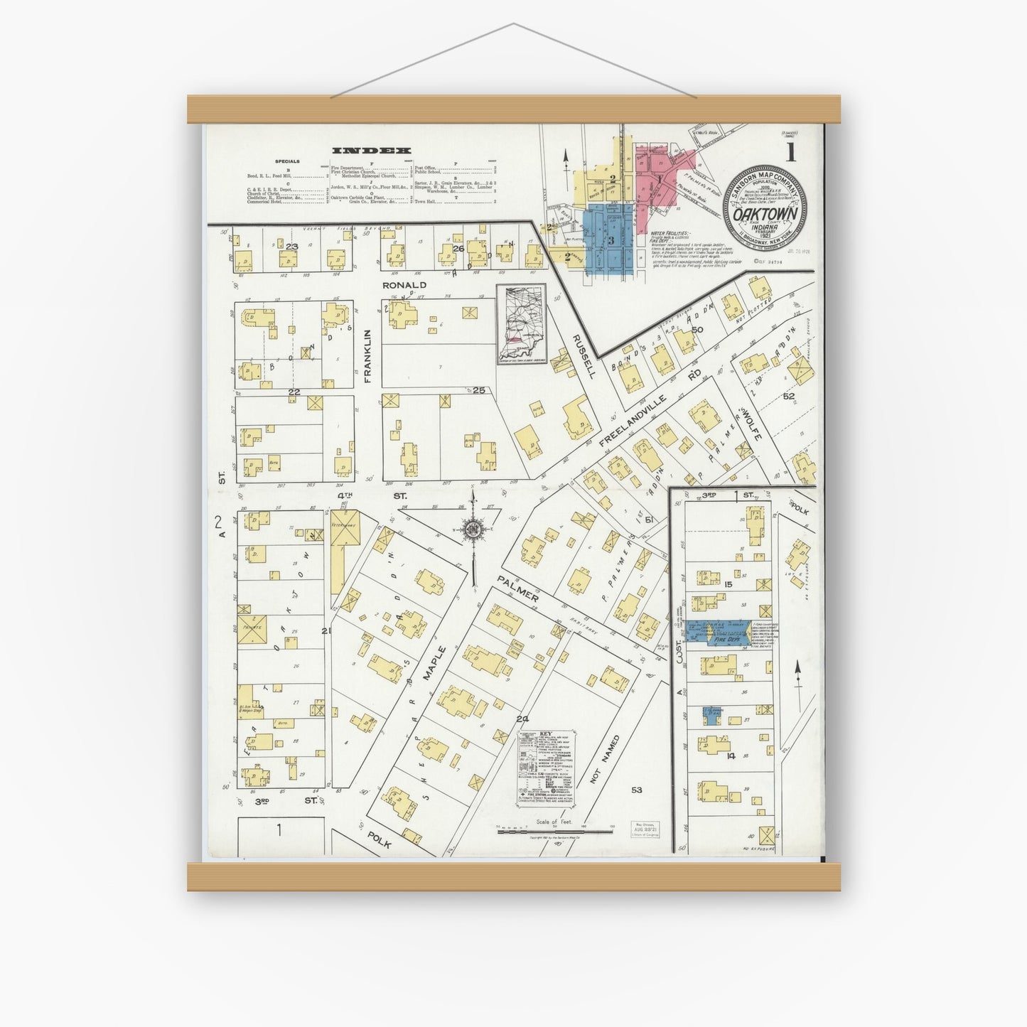 Old map wall art mockup — magnetic wood frame on white wall — Sanborn Fire Insurance Map from Oaktown, Knox County, Indiana (1921) - Complete Map Set