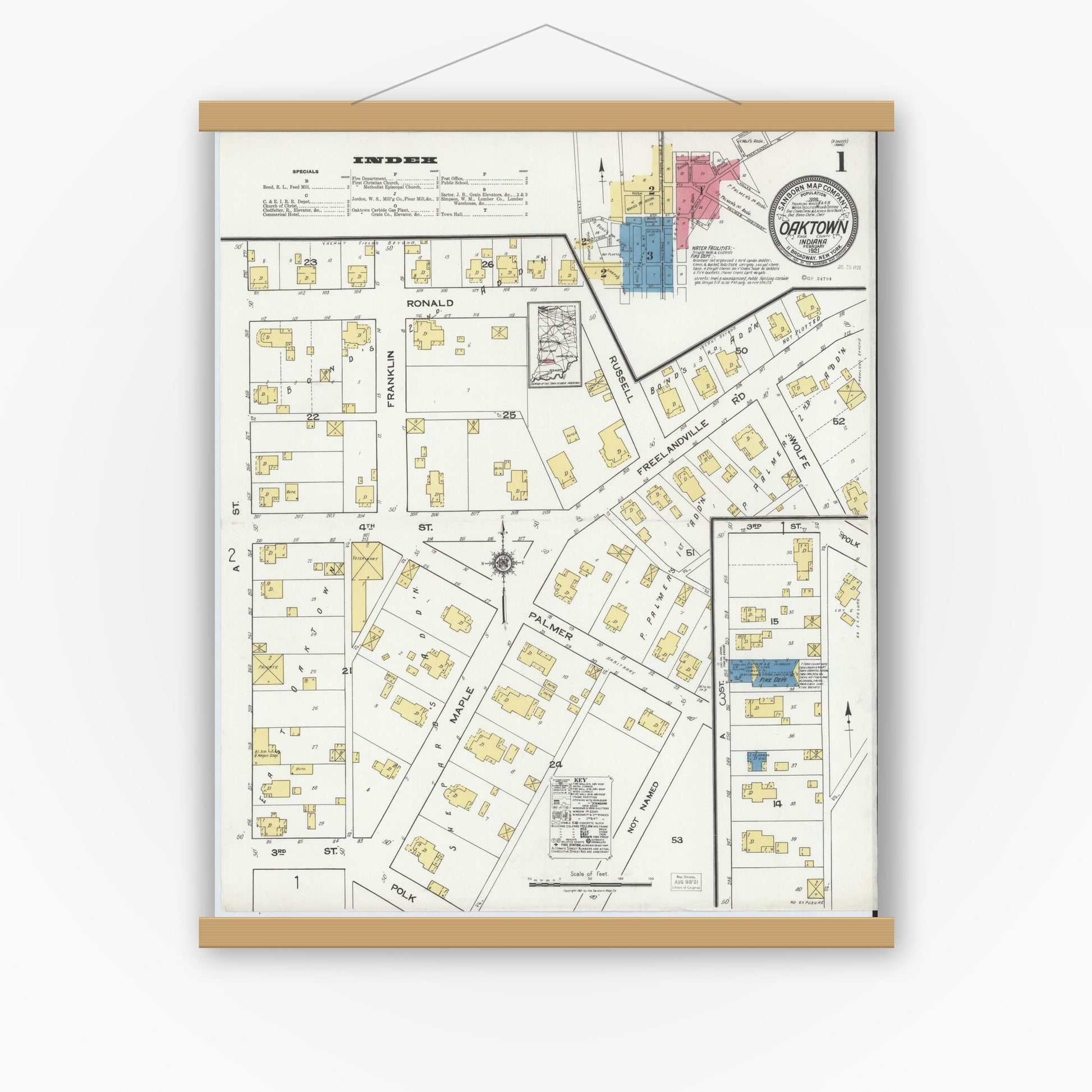 Old map wall art mockup — magnetic wood frame on white wall — Sanborn Fire Insurance Map from Oaktown, Knox County, Indiana (1921) - Complete Map Set