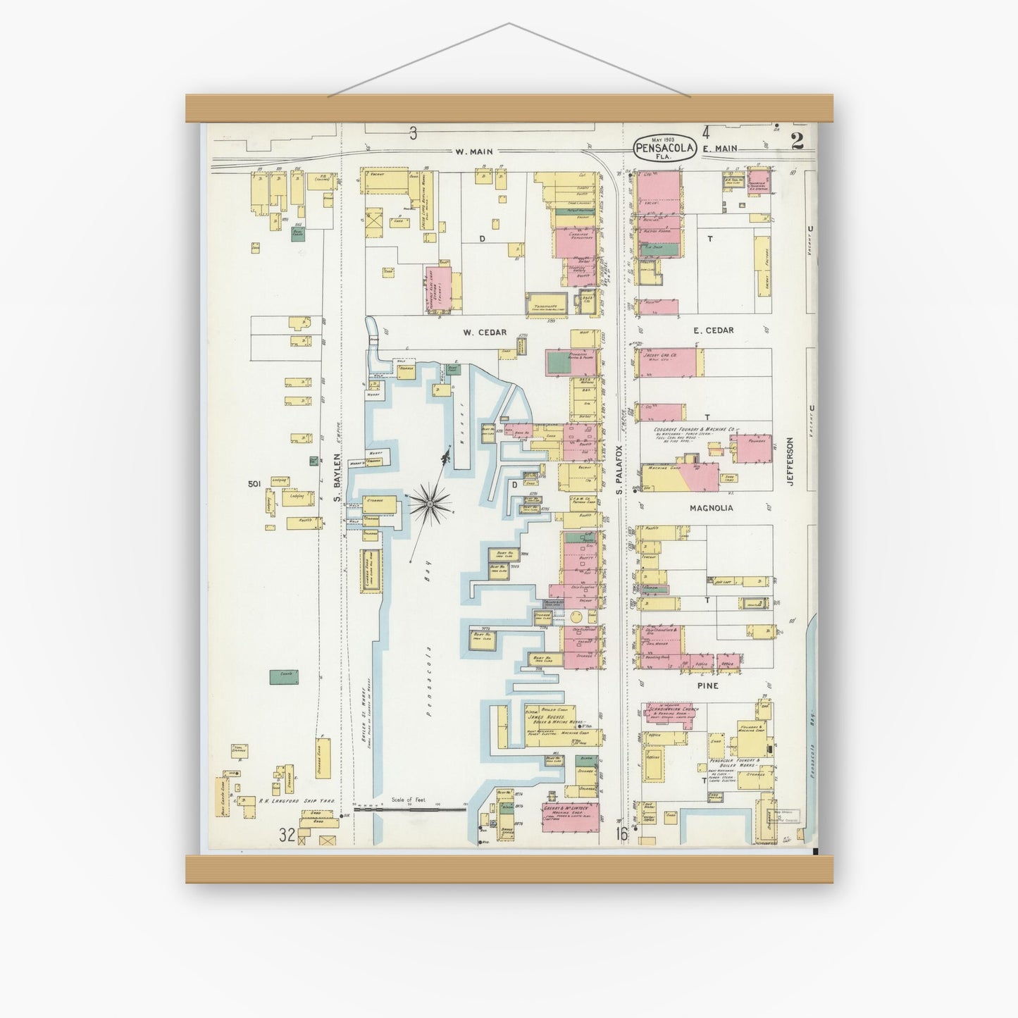 Old map wall art mockup — magnetic wood frame on white wall — Sanborn Fire Insurance Map from Pensacola, Escambia County, Florida (1903), Sheet #0002
