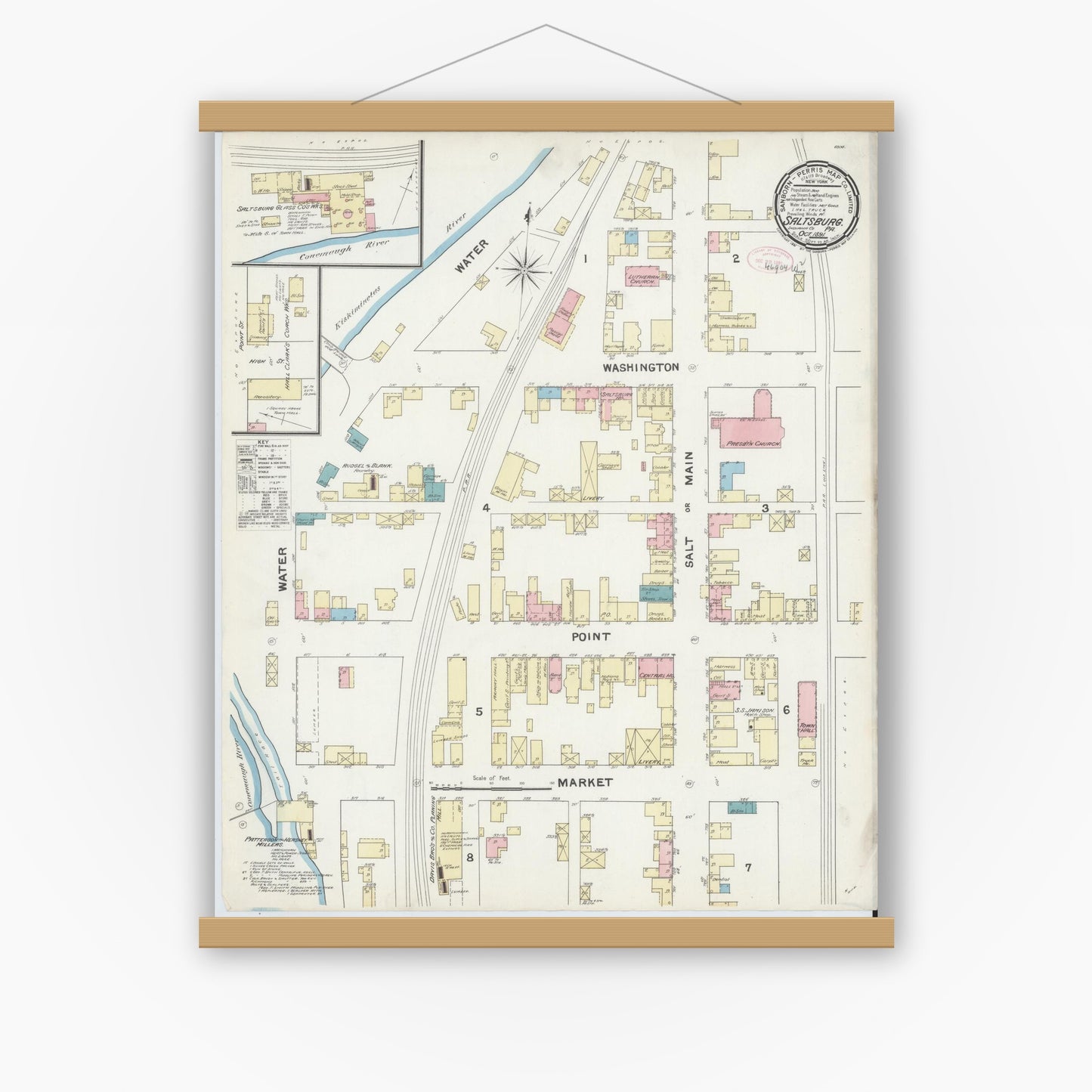 Old map wall art mockup — magnetic wood frame on white wall — Sanborn Fire Insurance Map from Saltsburg, Indiana County, Pennsylvania (1891), Sheet #0001