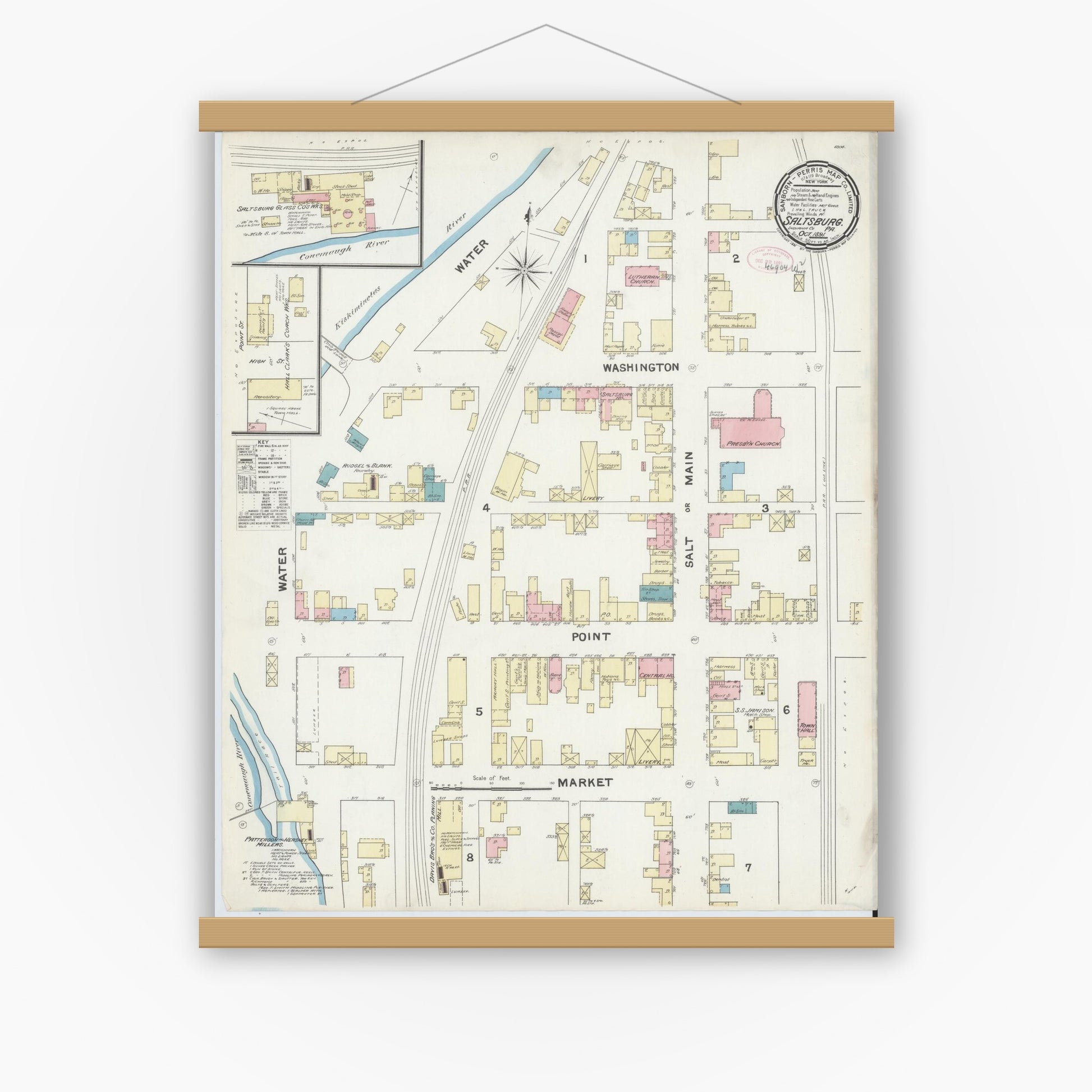 Old map wall art mockup — magnetic wood frame on white wall — Sanborn Fire Insurance Map from Saltsburg, Indiana County, Pennsylvania (1891), Sheet #0001