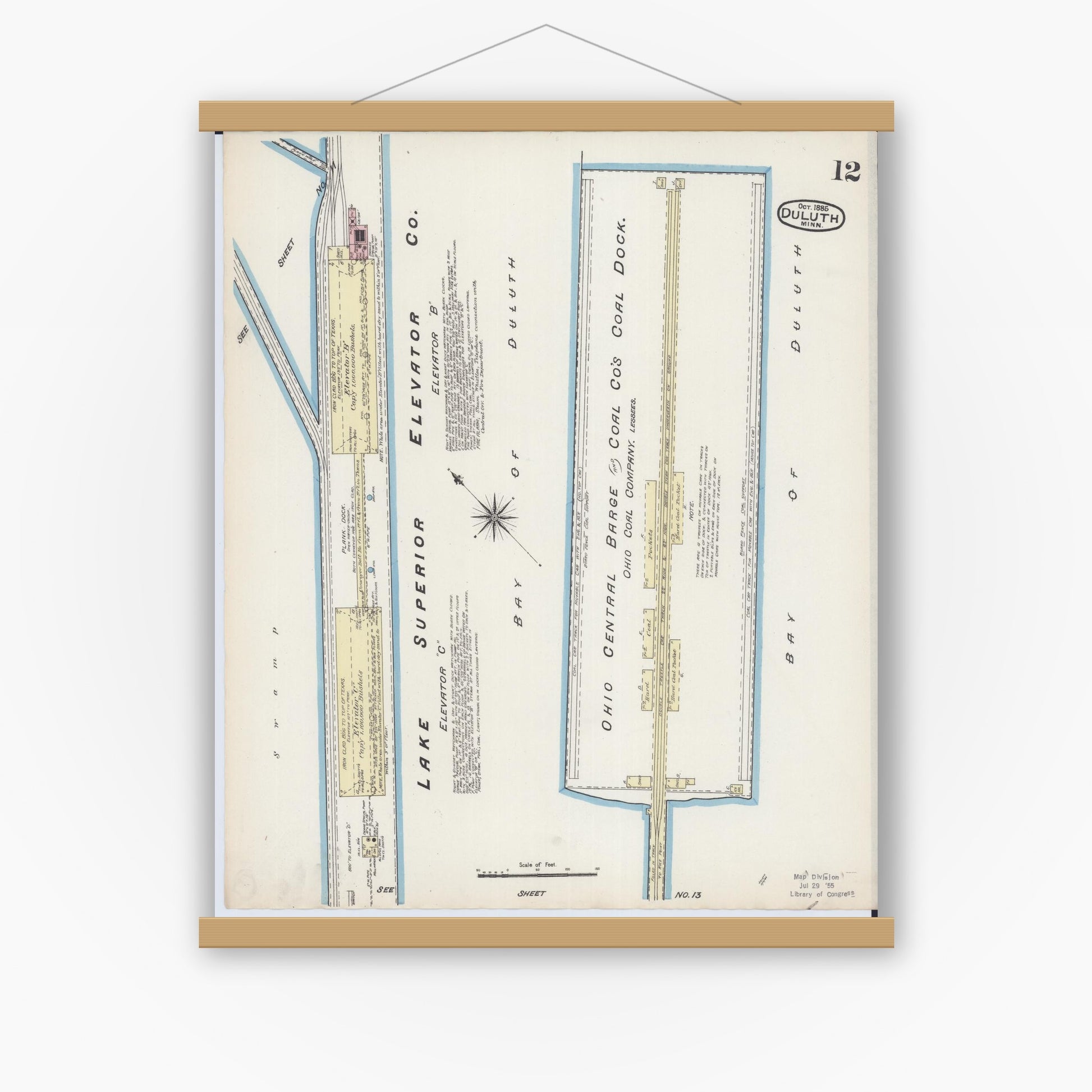 Old map wall art mockup — magnetic wood frame on white wall — Sanborn Fire Insurance Map from Duluth, Saint Louis County, Minnesota (1885), Sheet #0012