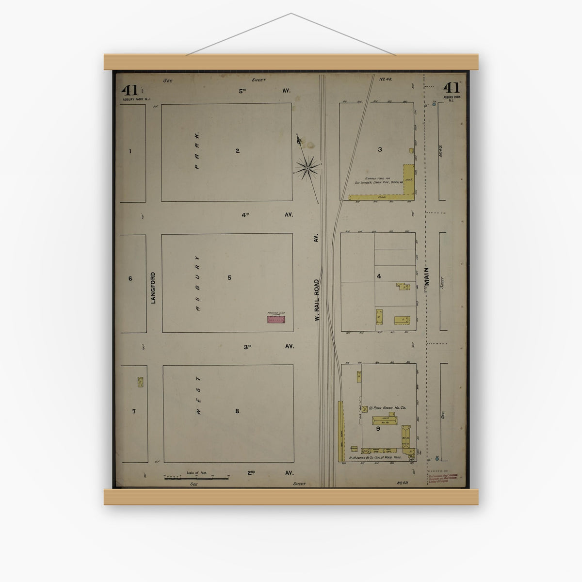 Old map wall art mockup — magnetic wood frame on white wall — Sanborn Fire Insurance Map from New Jersey Coast, New Jersey Coast, New Jersey (1890), Sheet #0041