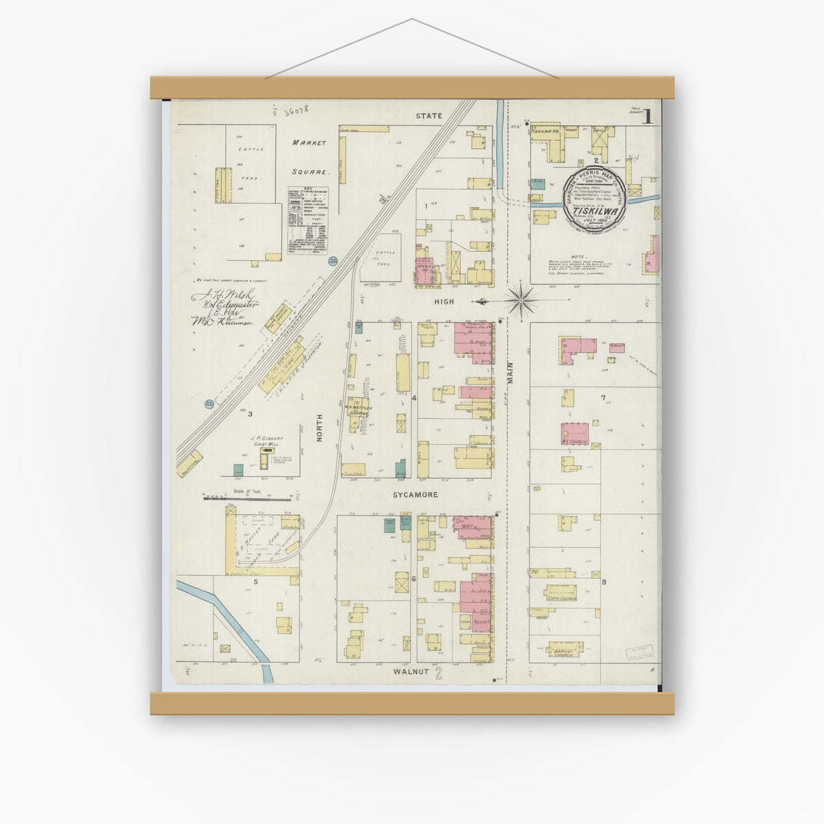 Old map wall art mockup — magnetic wood frame on white wall — Sanborn Fire Insurance Map from Tiskilwa, Bureau County, Illinois (1894) - Complete Map Set